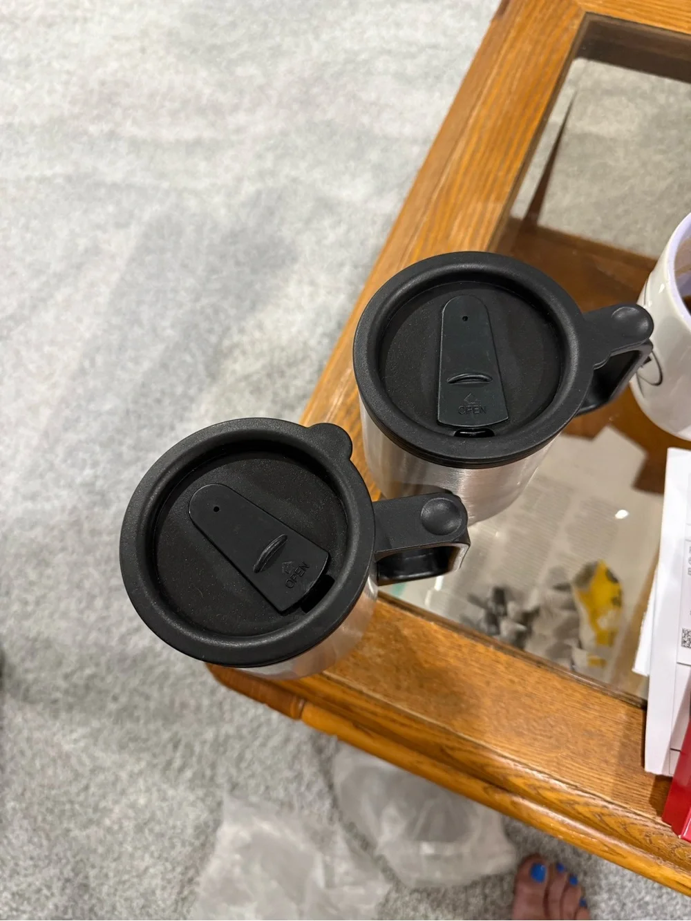 Set of 2 Silver Travel Mugs with Black Lids and Thermos